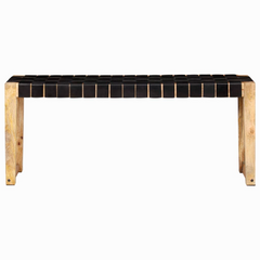 Bench 110 cm - Black Real Leather Seat with Solid Mango Wood Frame - Vintage Style Dining Bench