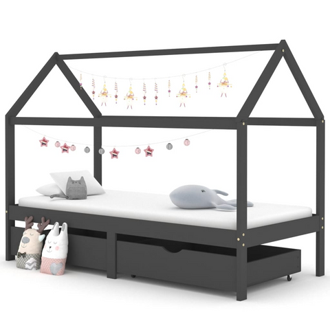 Kids Bed Frame with Drawers - Dark Grey Solid Pine Wood - 90x200cm | Tree House Style | Storage Included