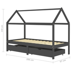 Kids Bed Frame with Drawers - Dark Grey Solid Pine Wood - 90x200cm | Tree House Style | Storage Included