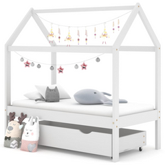 Kids Bed Frame with Drawer, White Solid Pine Wood, 70x140 cm - Tree House Style, Sturdy and Durable with Extra Storage