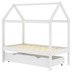 Kids Bed Frame with Drawer, White Solid Pine Wood, 70x140 cm - Tree House Style, Sturdy and Durable with Extra Storage