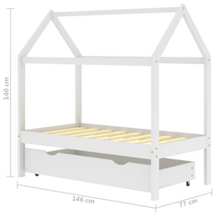 Kids Bed Frame with Drawer, White Solid Pine Wood, 70x140 cm - Tree House Style, Sturdy and Durable with Extra Storage