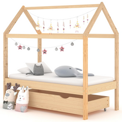 Kids Bed Frame with Drawer, Solid Pine Wood, Tree House Style, 70x140 cm - Perfect Bed for Kids with Storage