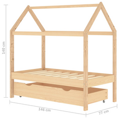 Kids Bed Frame with Drawer, Solid Pine Wood, Tree House Style, 70x140 cm - Perfect Bed for Kids with Storage