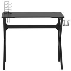 Ergonomic Gaming Desk with K Shape Legs in Black - 90x60x75 cm - Includes Earphone Rack, Controller Rack & Cup Holder