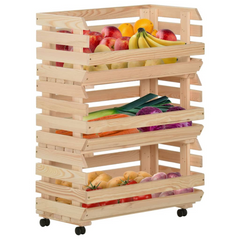 Vegetable Trolley - 57x30x80 cm Solid Pinewood, Rustic Wooden Kitchen Cart with Rolling Casters