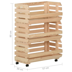 Vegetable Trolley - 57x30x80 cm Solid Pinewood, Rustic Wooden Kitchen Cart with Rolling Casters