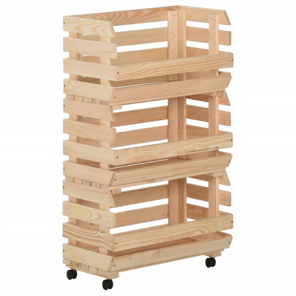 Solid Pine Kitchen Vegetable Trolley with 3 Compartments & Flexible Wheels - 37x30x80 cm