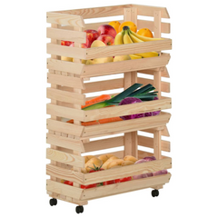 Solid Pine Kitchen Vegetable Trolley with 3 Compartments & Flexible Wheels - 37x30x80 cm