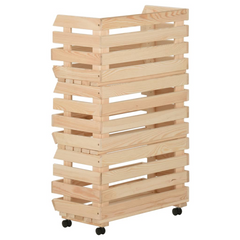 Solid Pine Kitchen Vegetable Trolley with 3 Compartments & Flexible Wheels - 37x30x80 cm