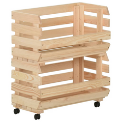 Solid Pine Kitchen Vegetable Trolley with 3 Compartments & Flexible Wheels - 37x30x80 cm