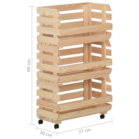 Solid Pine Kitchen Vegetable Trolley with 3 Compartments & Flexible Wheels - 37x30x80 cm