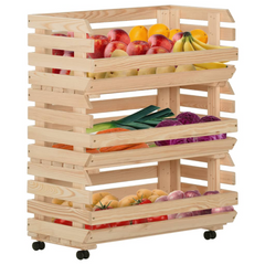 Solid Pine Vegetable Trolley with Wheels, 3-Tier Storage, 77x30x80 cm - Rustic Kitchen Cart for Fruits, Vegetables, and Essentials