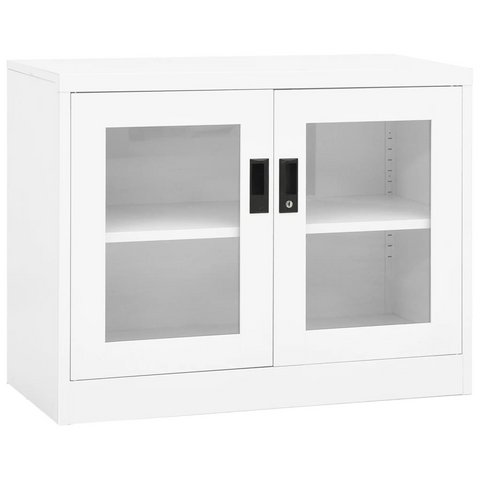 Steel Office Cabinet with Tempered Glass Doors - White, 90x40x70 cm