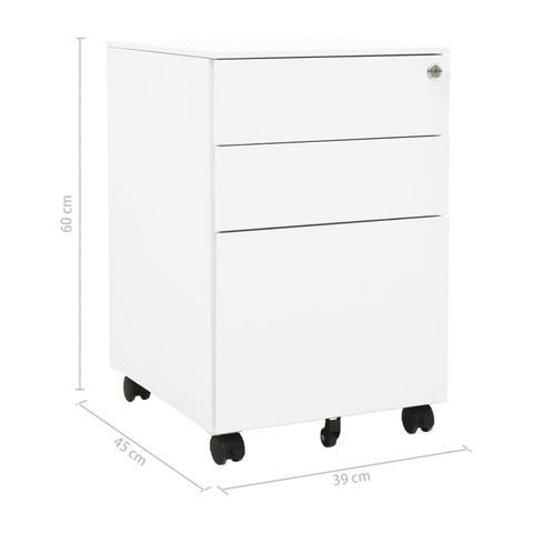 Mobile File Cabinet in White - 3 Drawer Steel Filing Cabinet with Lock, 39x45x60 cm