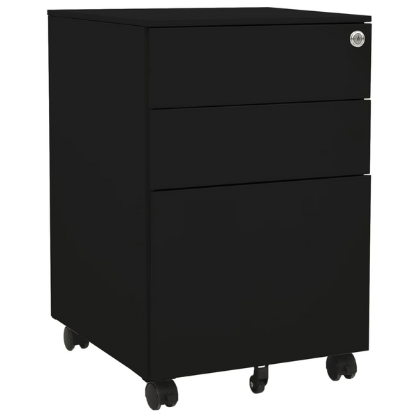 Mobile File Cabinet - Black Steel, 3 Drawer, Lockable, Portable - 39x45x60 cm