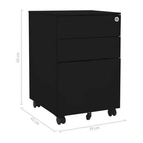 Mobile File Cabinet - Black Steel, 3 Drawer, Lockable, Portable - 39x45x60 cm