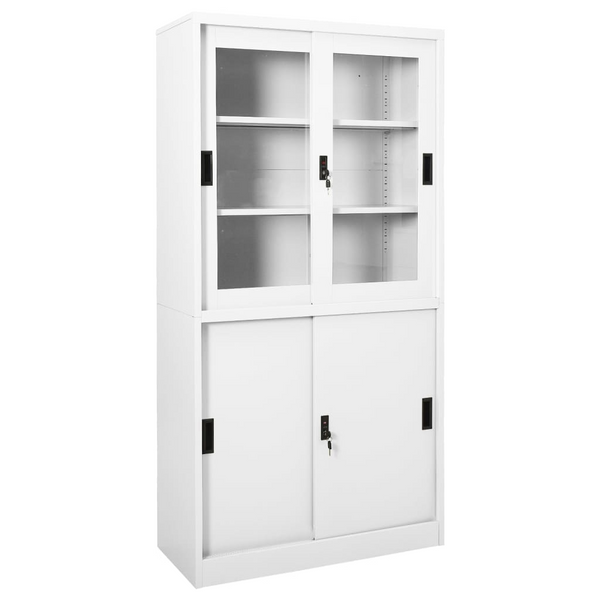 White Office Cabinet with Sliding Doors, Steel Frame, 90x40x180 cm - Secure & Sturdy Storage Solution