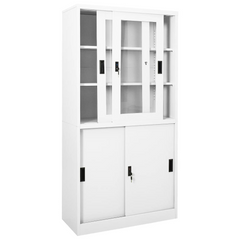 White Office Cabinet with Sliding Doors, Steel Frame, 90x40x180 cm - Secure & Sturdy Storage Solution