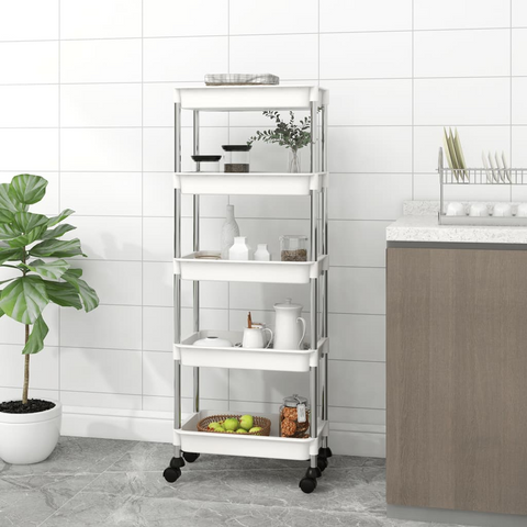 5-Tier Kitchen Trolley, White, 42x29x128 cm, Sturdy Iron and Durable ABS, Mobile Storage Cart with Wheels and Brakes - Ideal for Kitchen, Bathroom, Office Organization