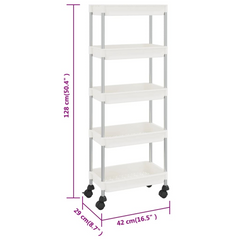 5-Tier Kitchen Trolley, White, 42x29x128 cm, Sturdy Iron and Durable ABS, Mobile Storage Cart with Wheels and Brakes - Ideal for Kitchen, Bathroom, Office Organization