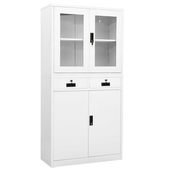 Office Cabinet White - Durable Steel & Tempered Glass (90x40x180 cm) - Ideal for Organized File Storage