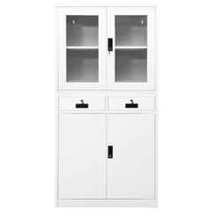 Office Cabinet White - Durable Steel & Tempered Glass (90x40x180 cm) - Ideal for Organized File Storage