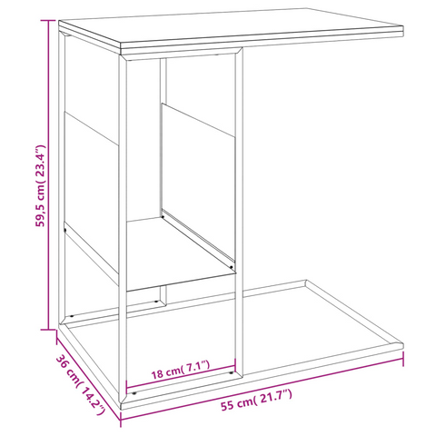 Black Side Table 55x36x59.5 cm - Engineered Wood with Iron Frame, C-Shaped Design