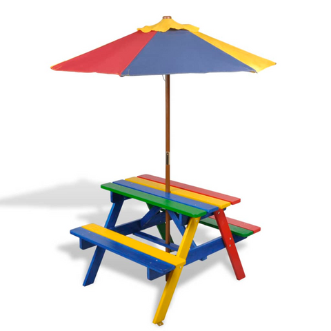 vidaXL Kids' Picnic Table with Benches and Parasol - Multicolour Wood | Fun Outdoor Furniture for Children