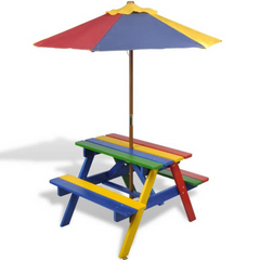 vidaXL Kids' Picnic Table with Benches and Parasol - Multicolour Wood | Fun Outdoor Furniture for Children