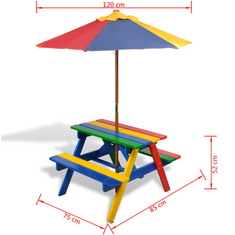 vidaXL Kids' Picnic Table with Benches and Parasol - Multicolour Wood | Fun Outdoor Furniture for Children