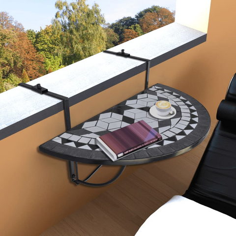 Hanging Balcony Table - Stylish Black and White Mosaic Design, Space-Saving Folding Table