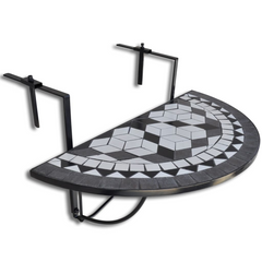 Hanging Balcony Table - Stylish Black and White Mosaic Design, Space-Saving Folding Table