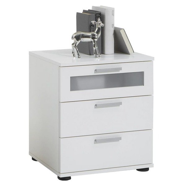 Modern Bedside Table with 3 Spacious Drawers - Elegant White Nightstand with Glass Insert & Durable Melamine Finish