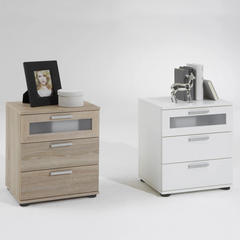 Modern Bedside Table with 3 Spacious Drawers - Elegant White Nightstand with Glass Insert & Durable Melamine Finish