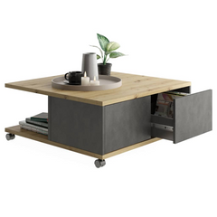 FMD Mobile Coffee Table Artisan Oak | Sleek & Functional Design with Storage Shelves and Drawers