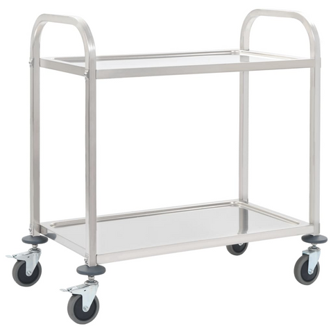 2-Tier Stainless Steel Kitchen Trolley - 95x45x83.5 cm Mobile Serving Cart with Brakes