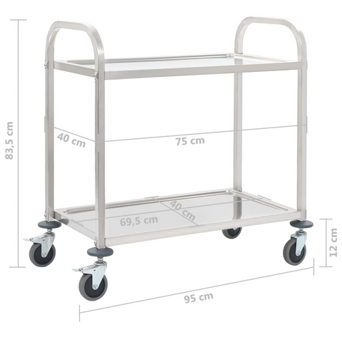 2-Tier Stainless Steel Kitchen Trolley - 95x45x83.5 cm Mobile Serving Cart with Brakes