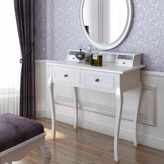 Modern Vanity Makeup Table with Drawers - Elegant White Finish, Curved Legs, Ample Storage