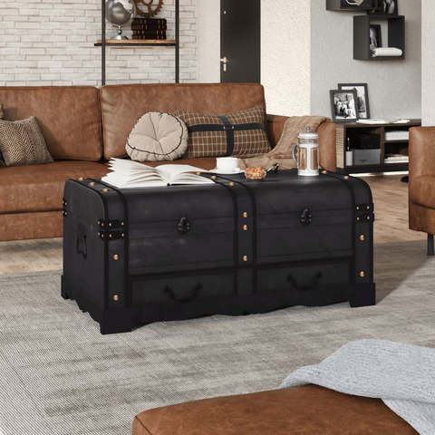 Large Wooden Treasure Chest in Black - Vintage Storage and Coffee Table