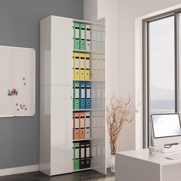 High Gloss White Office Cabinet - 5 Shelves, 2 Doors, Engineered Wood 60x32x190 cm | Elegant and Durable Storage Solution