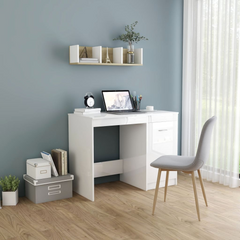 Modern High Gloss White Desk with Integrated Storage Cabinet - 100x50x76 cm Engineered Wood