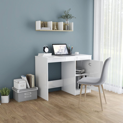 Modern High Gloss White Desk with Integrated Storage Cabinet - 100x50x76 cm Engineered Wood