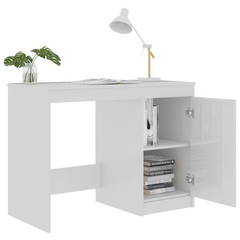 Modern High Gloss White Desk with Integrated Storage Cabinet - 100x50x76 cm Engineered Wood