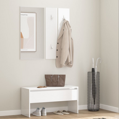 High Gloss White Hallway Furniture Set - Engineered Wood with Mirror and Coat Rack Panels