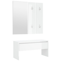 High Gloss White Hallway Furniture Set - Engineered Wood with Mirror and Coat Rack Panels