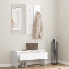 High Gloss White Hallway Furniture Set - Engineered Wood with Mirror and Coat Rack Panels