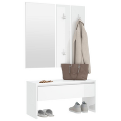 High Gloss White Hallway Furniture Set - Engineered Wood with Mirror and Coat Rack Panels