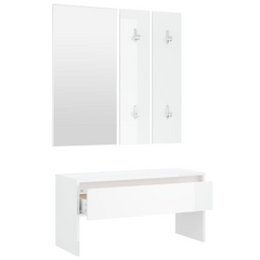 High Gloss White Hallway Furniture Set - Engineered Wood with Mirror and Coat Rack Panels