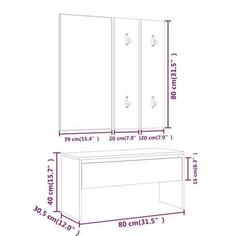 High Gloss White Hallway Furniture Set - Engineered Wood with Mirror and Coat Rack Panels